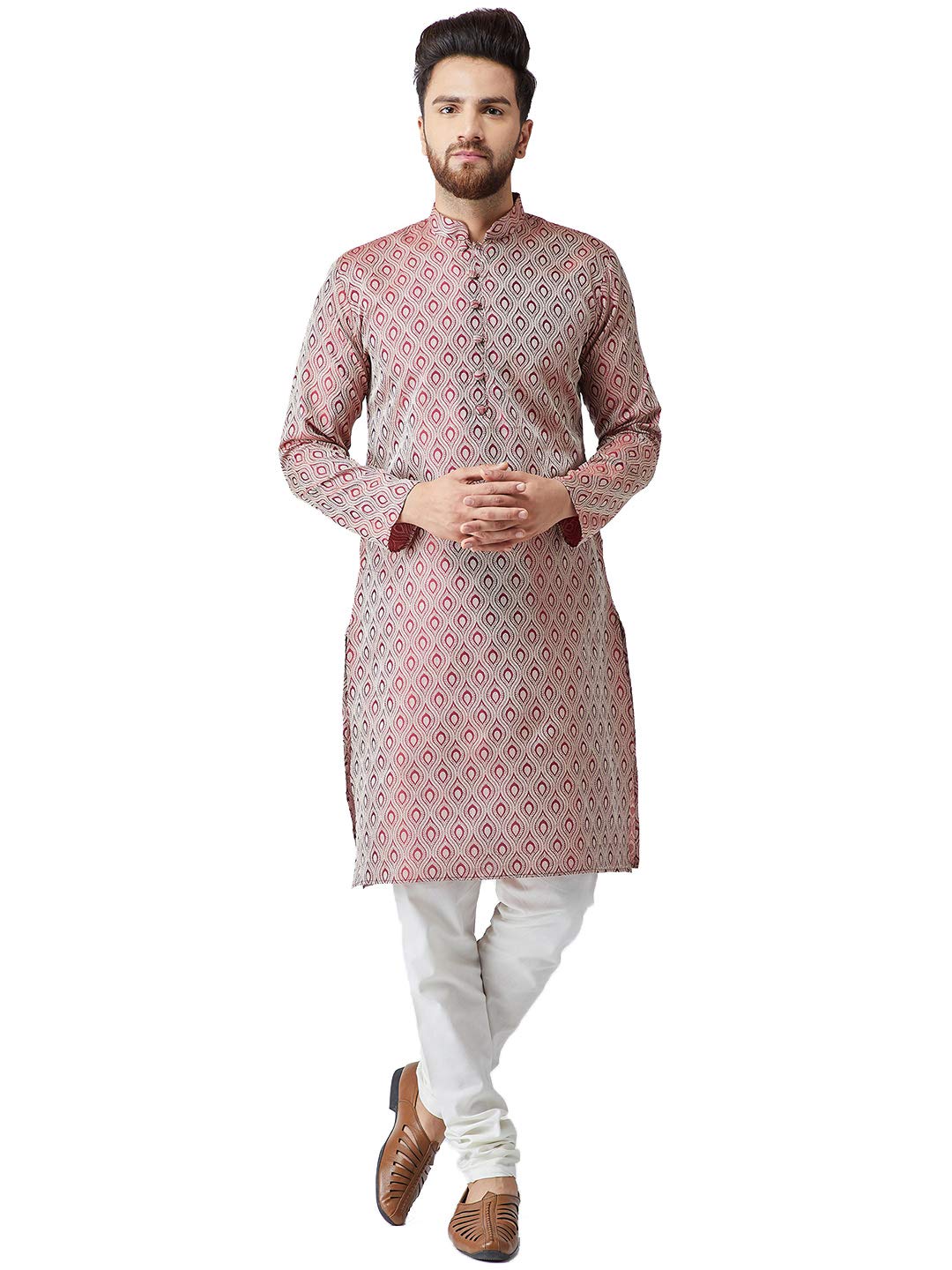 Jompers Men's Jacquard Silk Kurta and Pyjama Set(Maroon,XL)