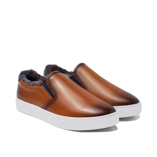 Costoso Italiano Salford Men's Tan Patina Leather Slip On Sneakers with Shearling Lining