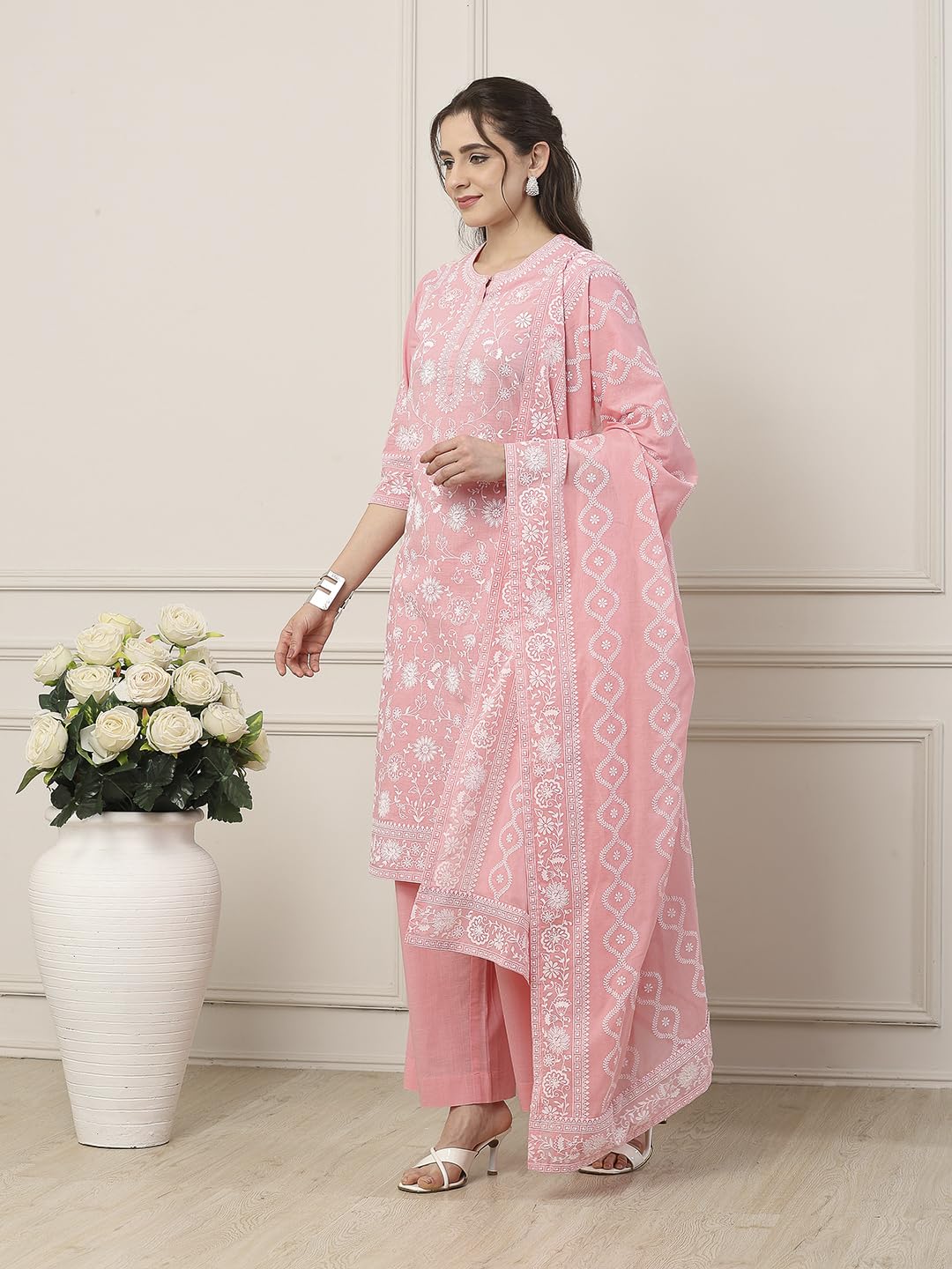 Biba Women Pink Cotton Straight Suit Set_36