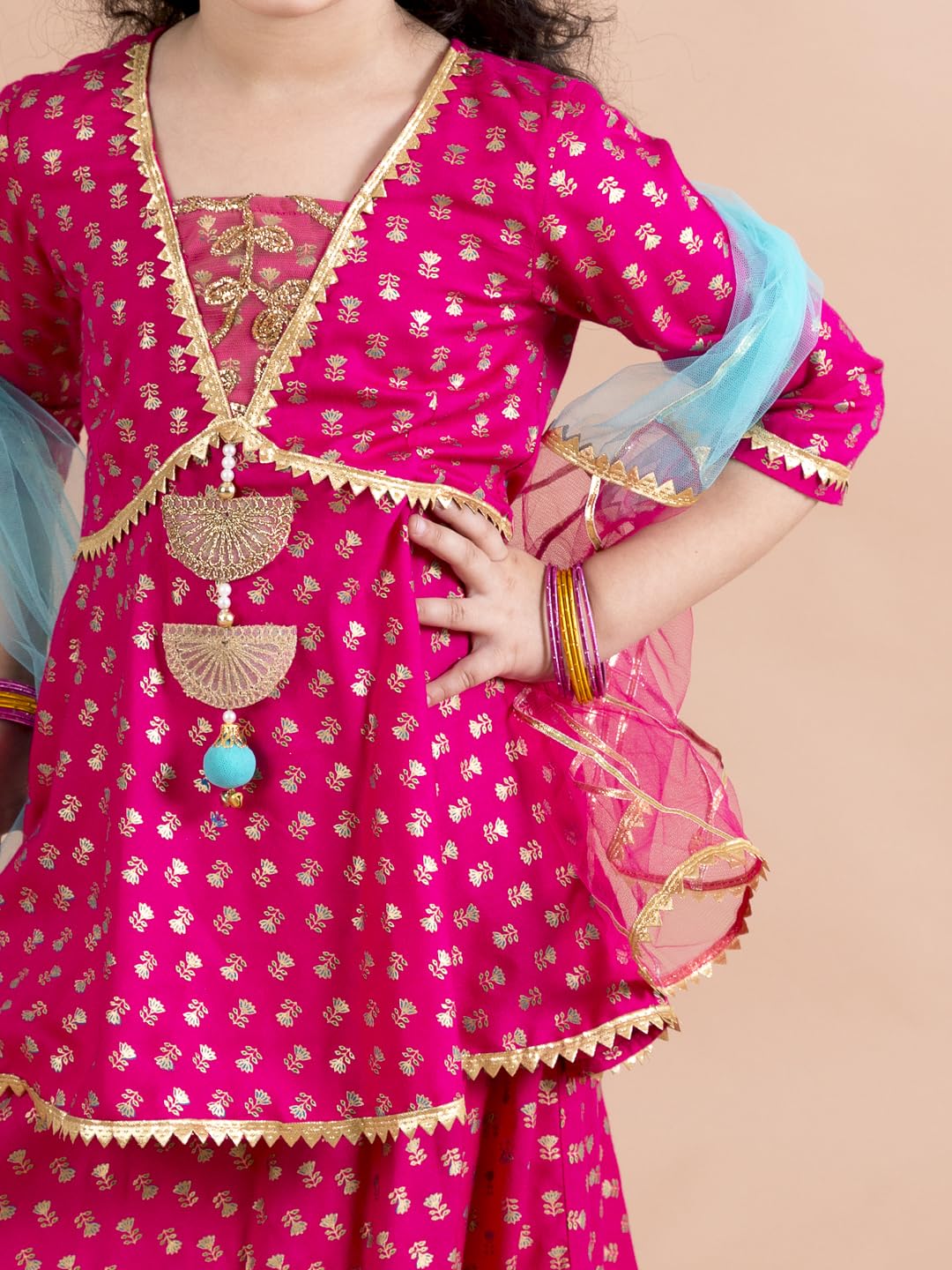 Pspeaches Cotton Girls Magenta Blue Printed Ready To Wear Readymade Lehenga Set (Pink-10-12Y), 10 Years-12 Years