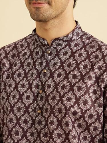 Manyavar Men's Cotton Blend Digital Print Long Kurta (Wine,XL)