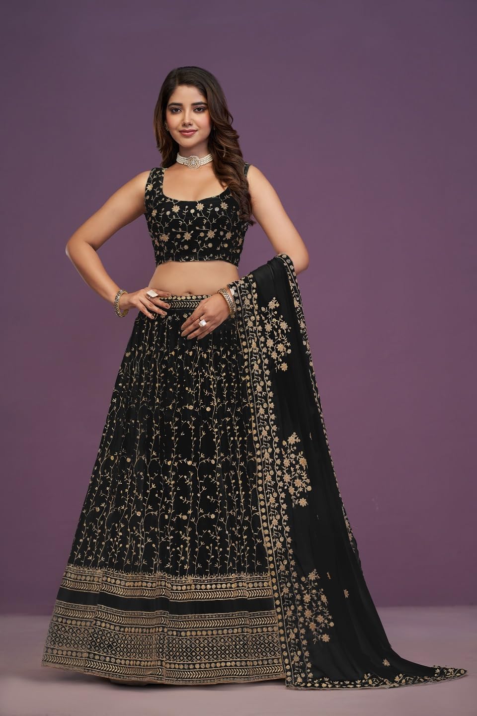 JIHU CULTURE Women's Georgette Zari Embroidery Work Semi-Stitched Lehenga Choli with Elegant Flare