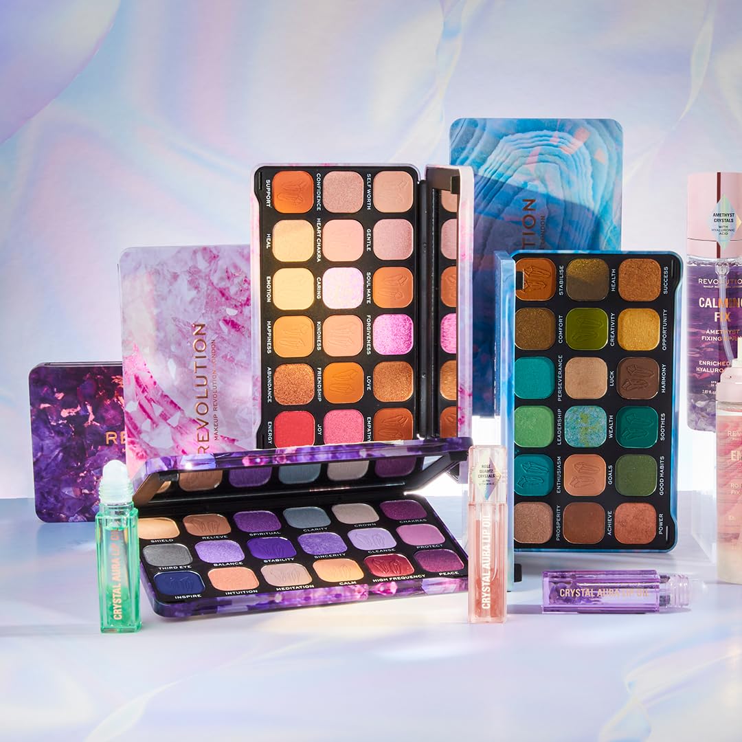 Makeup Revolution- Crystal Aura Forever Flawless Shadow Palette- Aventurine|Unique marbled shade with intense colour pay off|Mix of must-have nudes, shimmery jewelled bronzes & pops of emerald|19.8gm