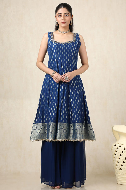 Soch Womens Blue Brocade Woven Design Suit Set With Mirror And Cutdana