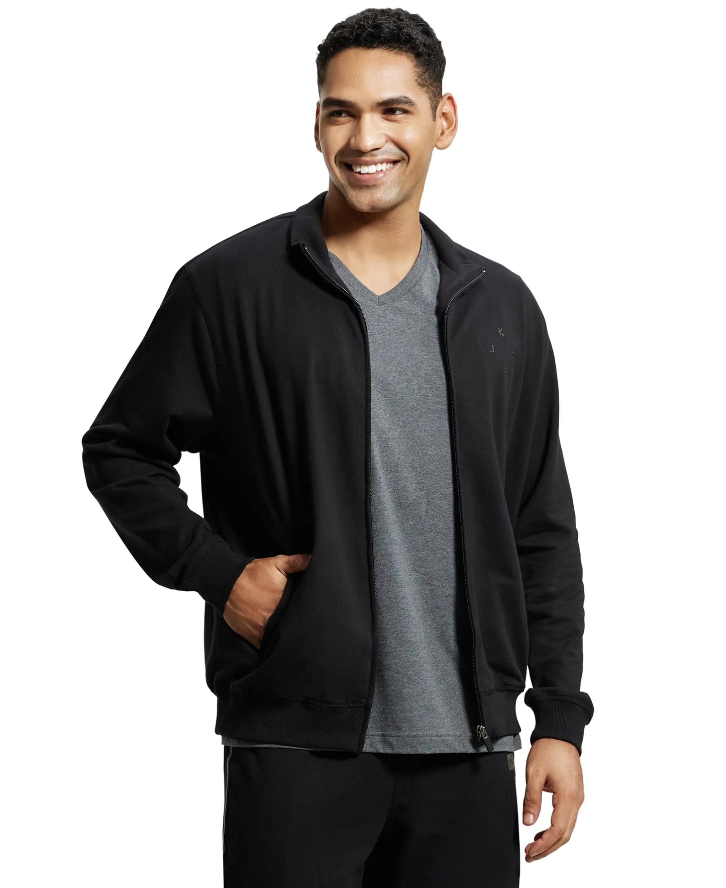 Jockey 2730 Men's Super Combed Cotton French Terry Jacket with Ribbed Cuffs and Convenient Side Pockets_Black_M