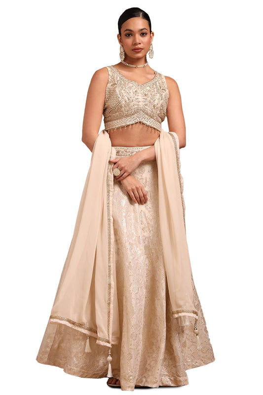 Soch Womens Off White Brocade Embroidered Lehenga Choli With Mirror and Stone