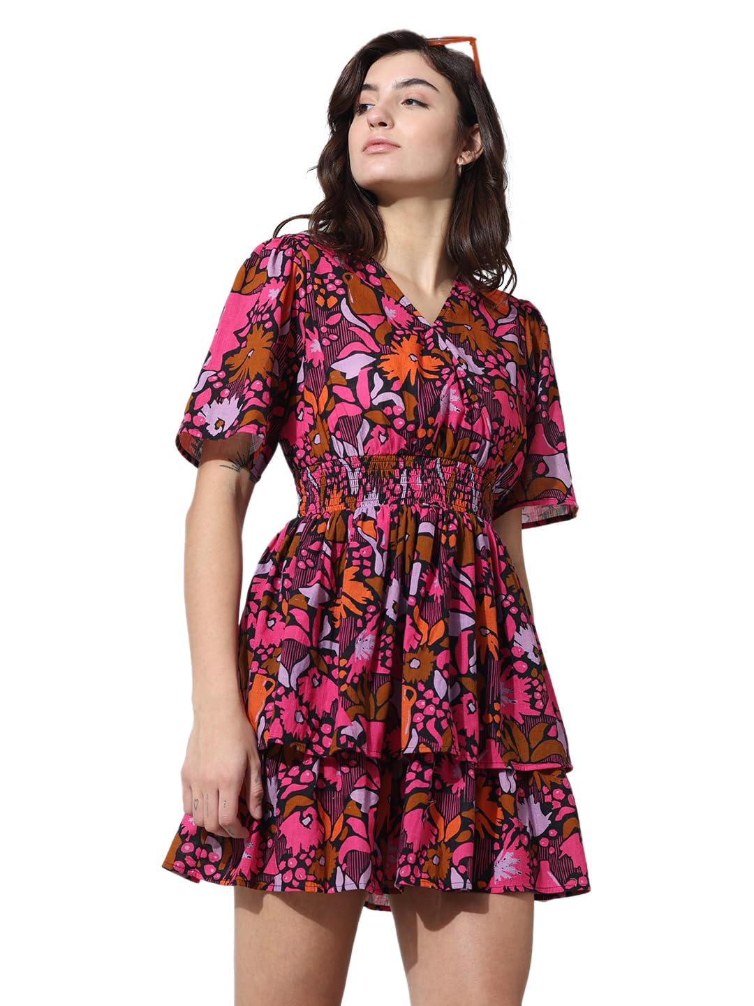 ONLY Women Printed Cotton Above Knee Pink Tiered Dress