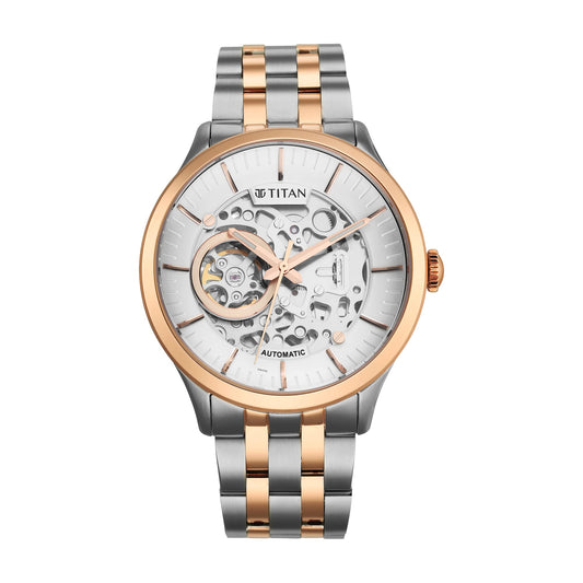 Titan Metal Mechanicals Automatic White Dial Two Toned Silver and Rose Gold Stainless Steel Strap Watch for Men - NT90140KM01