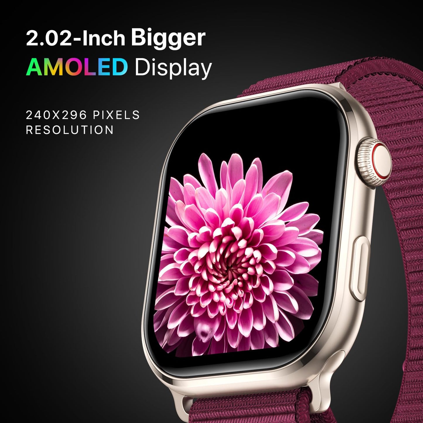 Fire-Boltt Brillia Pro Smart Watch with 51.3mm (2.02 inch) AMOLED Display, Bluetooth Calling, SpO2, Heart Rate Monitoring, 120+ Sports Modes, IP67 Waterproof, Long Battery Life, Nylon Strap (Wine)