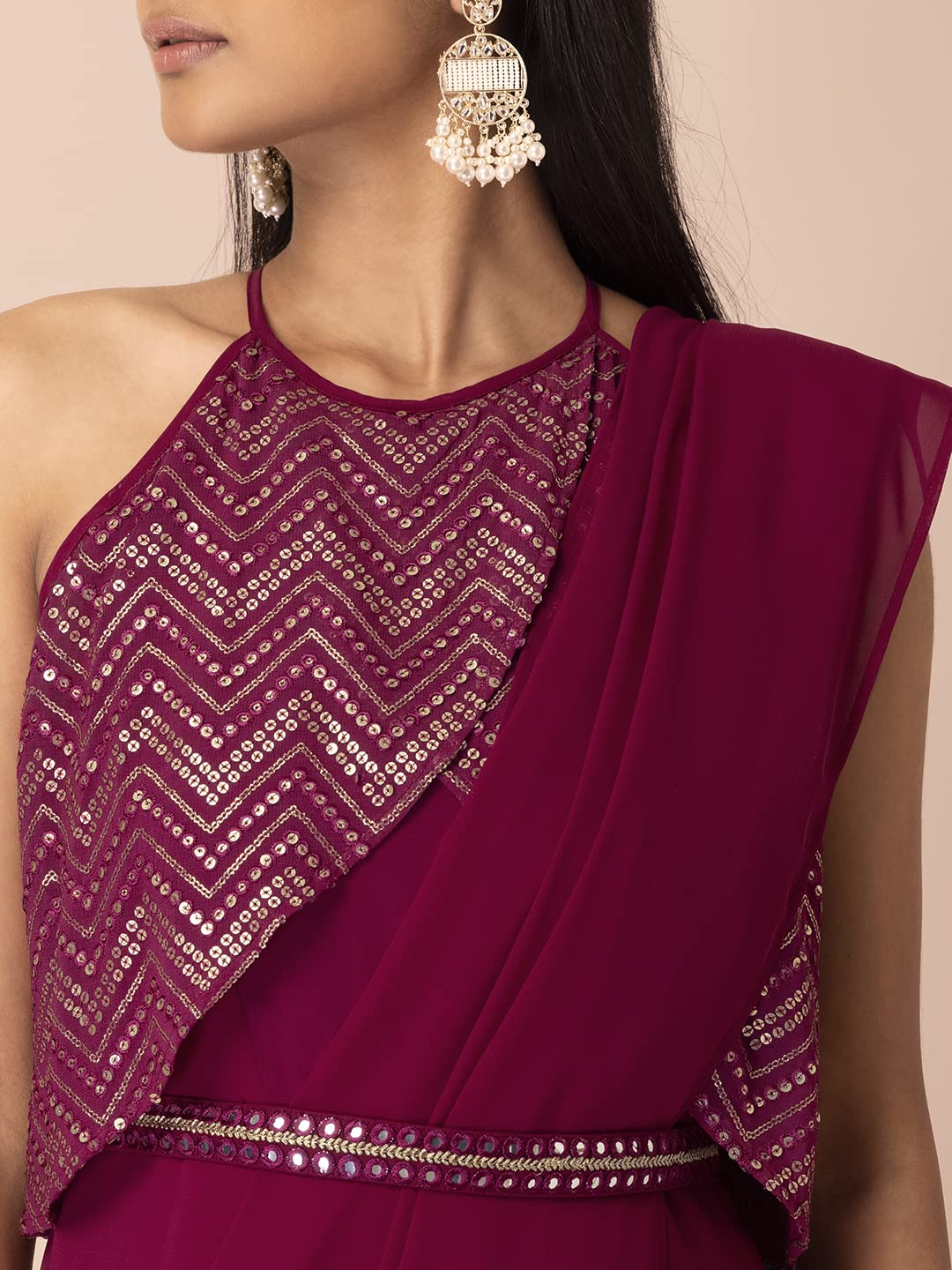 Indya Women's Woven Georgette Pre-Draped Saree (ITN04199_Wine)