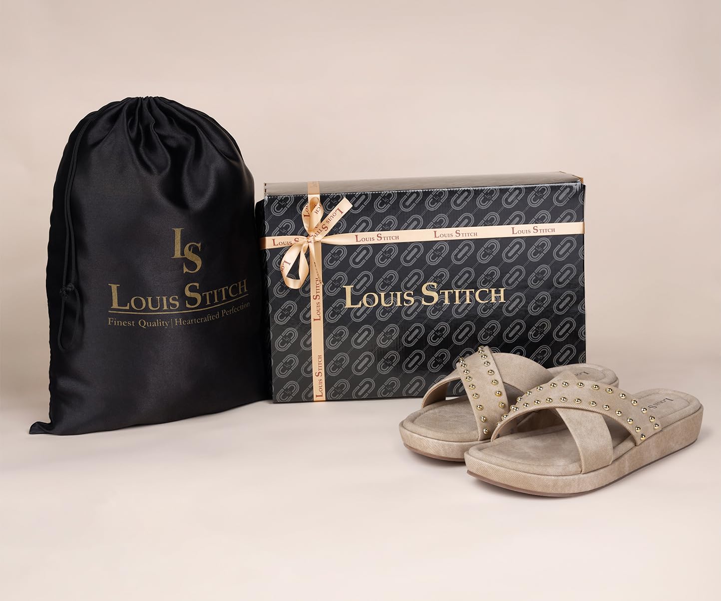 LOUIS STITCH Women's Stylish Beige Flat Sandals with Cross Strap & Beaded Embellishments – Perfect for Office | LSOF-LDSL-BDCSBG