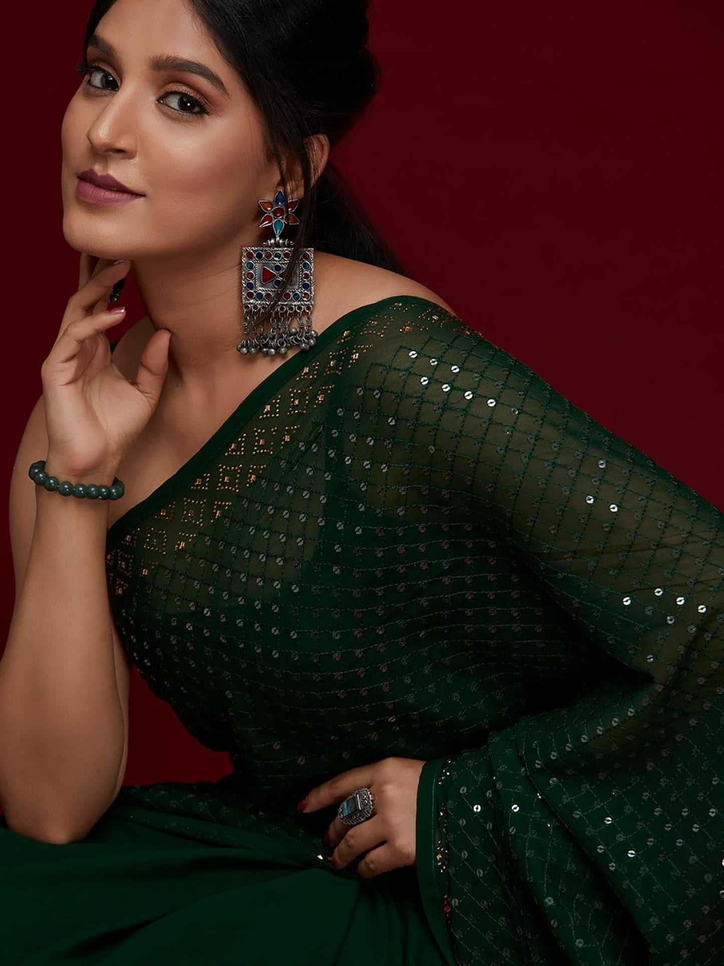 AKHIALM Women's Embellished Printed Sequins Georgette Saree With Unstitched Blouse Piece (Green_AAVYA501_HV)