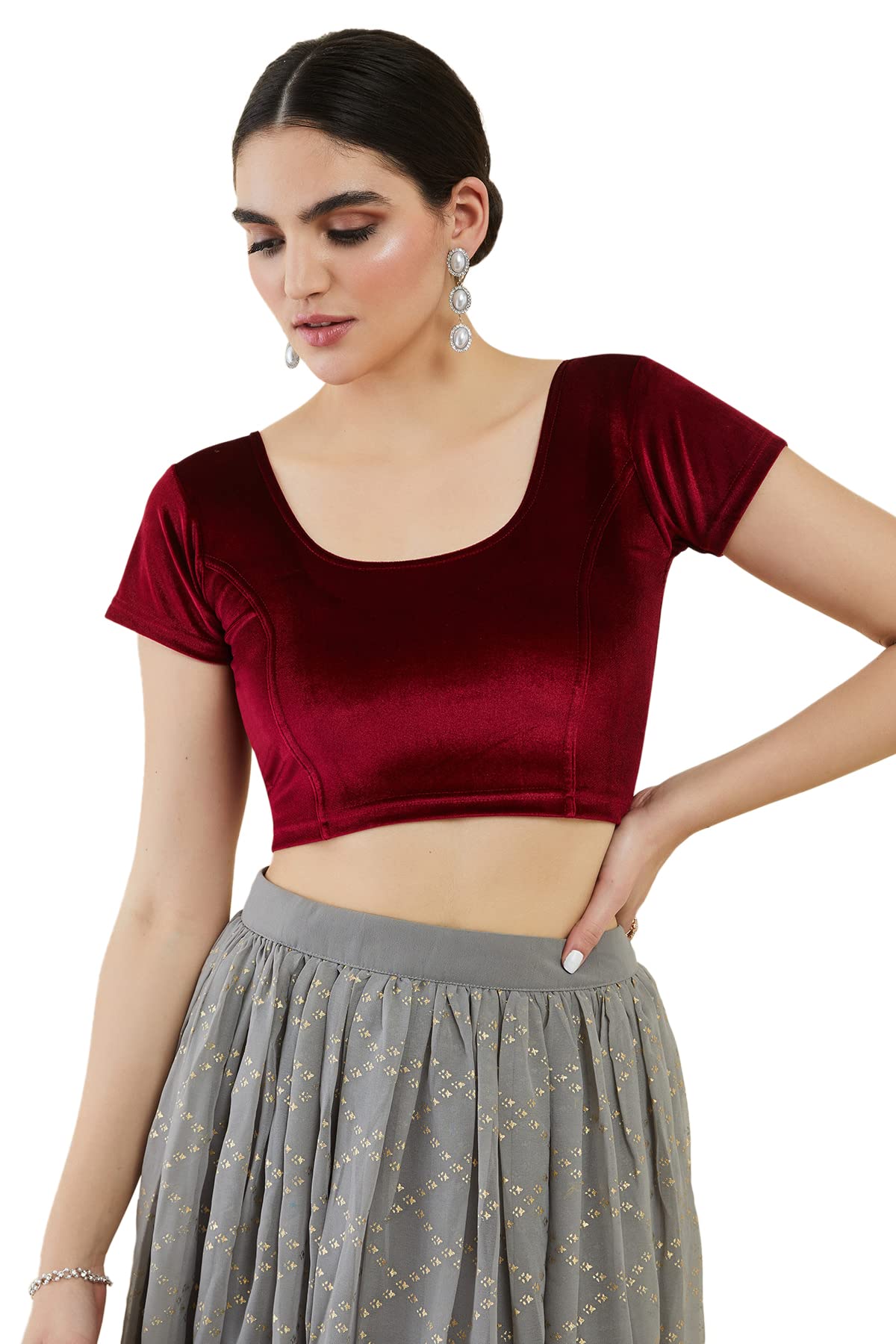 Soch Womens Velvet Half Sleeve Maroon Princess Cut Blouse, Medium