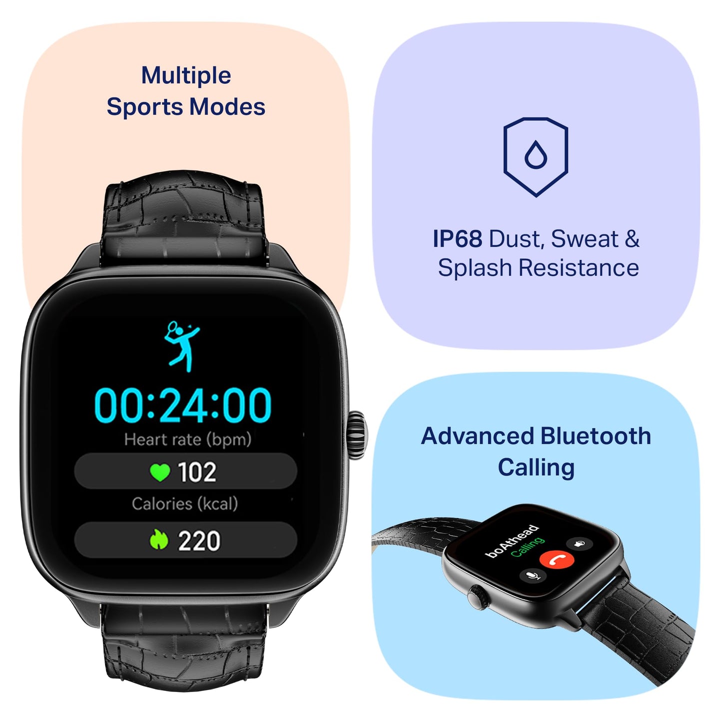 Boat Storm Verge, 1.72" (4.4 cm) Unisex Design, AuraVue Display with 20% Higher Brightness, Premium Metal Body, 80+ Sports Mode, Bluetooth Calling, Smart Watch for Men & Women (Black Leather)