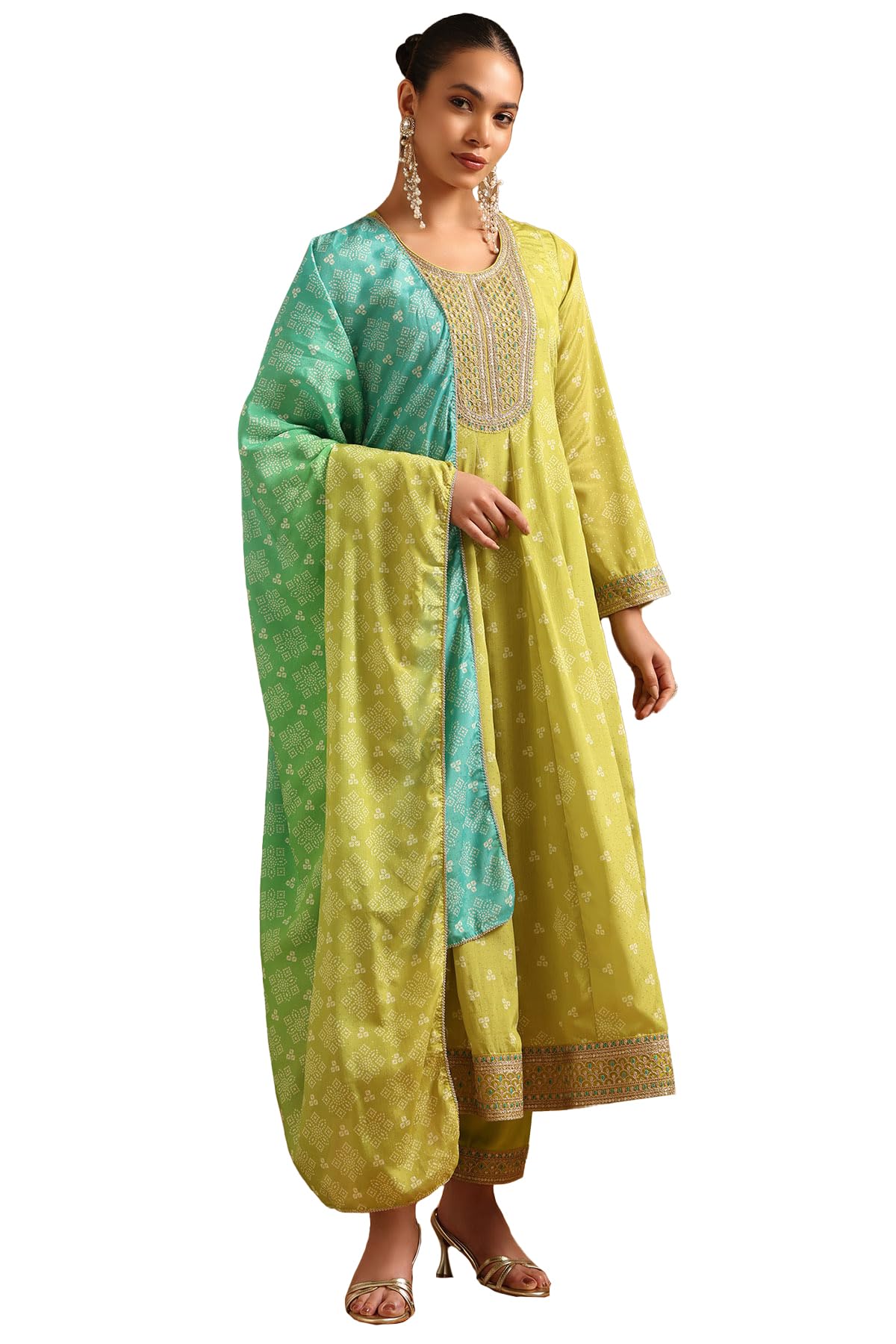 Soch Womens Green Poly Chinon Bandhani Salwar Suit With Sequence Work