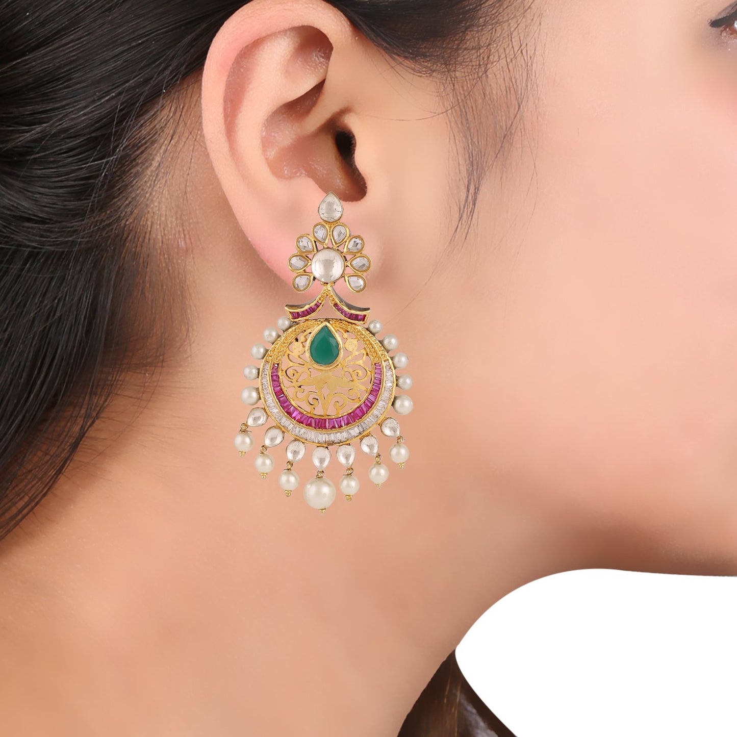 Swasti Jewels Bollywood style Colourful Pearls Chand Bali Earrings for Women