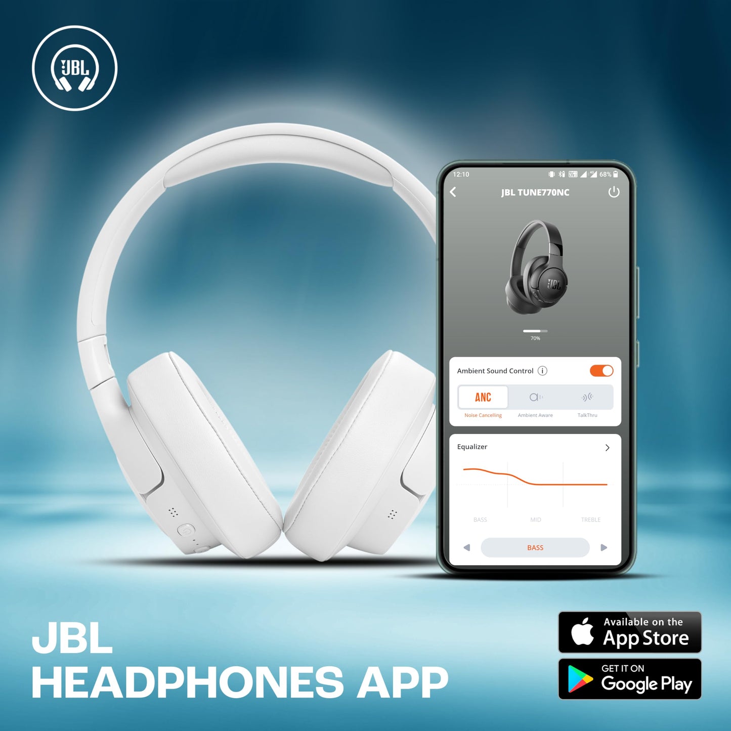 JBL Tune 770NC Wireless Over Ear ANC Headphones with Mic, Upto 70 Hrs Playtime, Speedcharge, Google Fast Pair, Dual Pairing, BT 5.3 LE Audio, Customize on JBL Headphones App (White)
