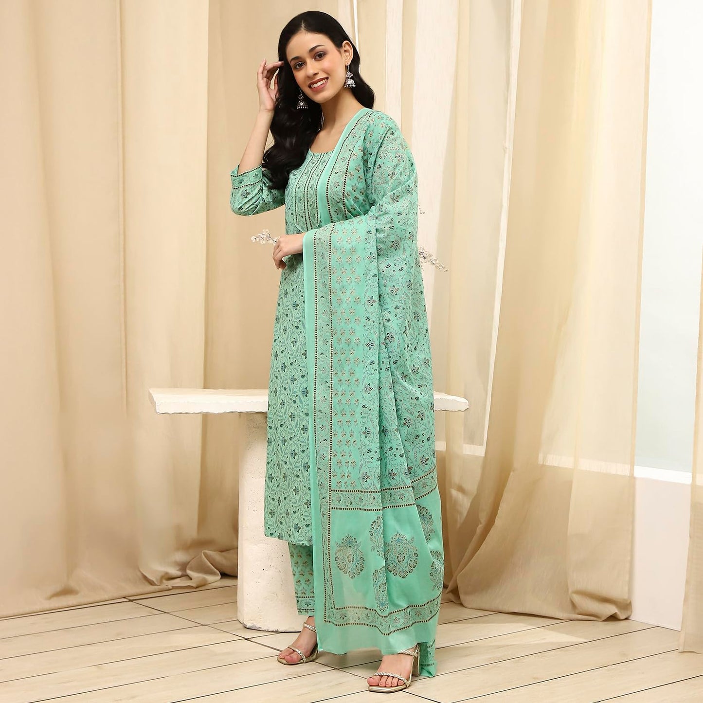 BIBA Women Green Cotton Screen Print Unstitched Suit Set_FREE SIZE