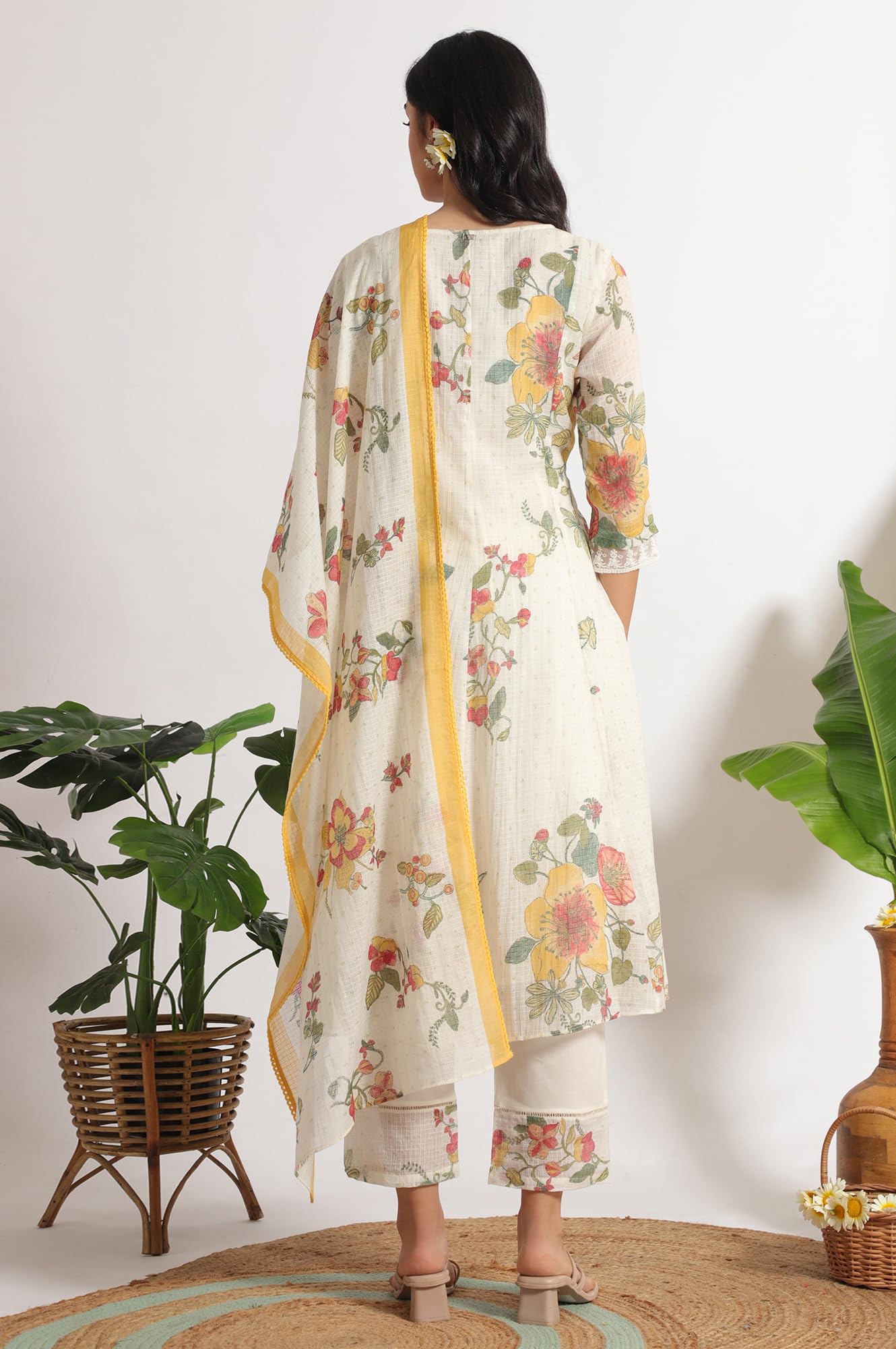 W for Woman White Floral Printed Mock Layered Kota Flared Kurta and Pants Set with Dupatta (Size: XS)-WS11600-124279