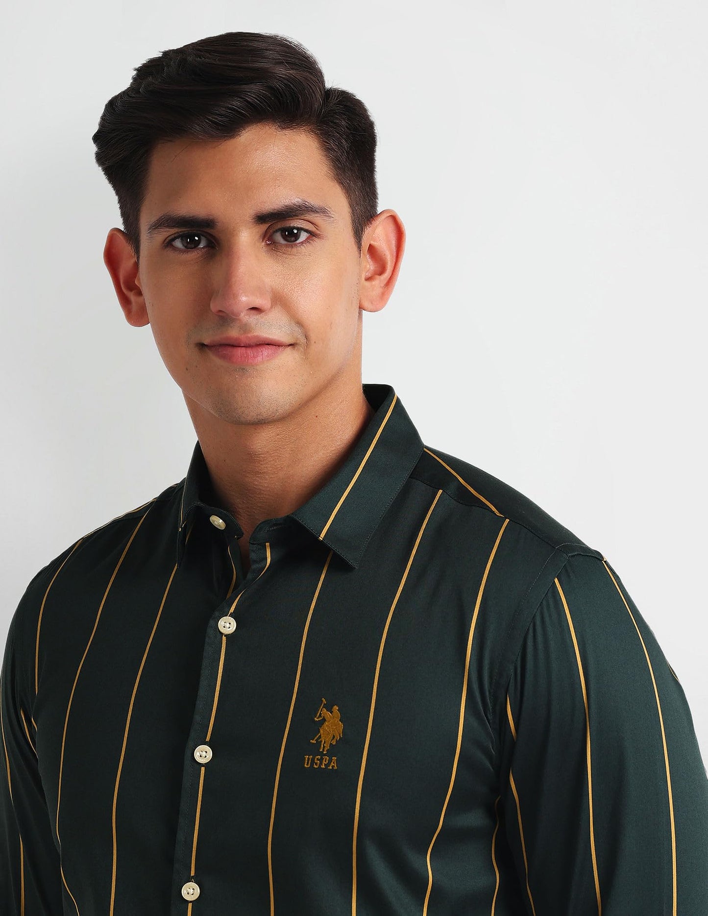 U.S. POLO ASSN. Men's Cotton Striped Slim Fit Shirt (UDSHT1142_Green, Large