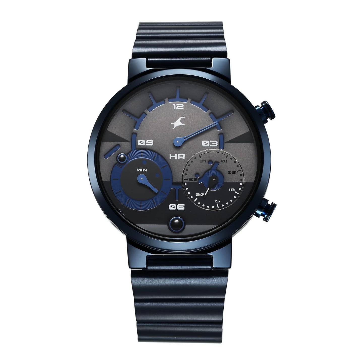 Fastrack Gambit Quartz Analog Dark Grey and Blue Dial with IP Micro Ion Blue Stainless Steel Strap Watch for Men