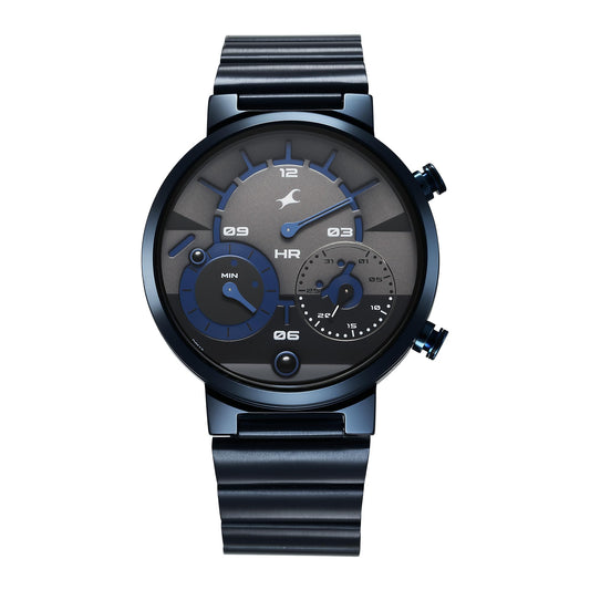Fastrack Gambit Quartz Analog Dark Grey and Blue Dial with IP Micro Ion Blue Stainless Steel Strap Watch for Men