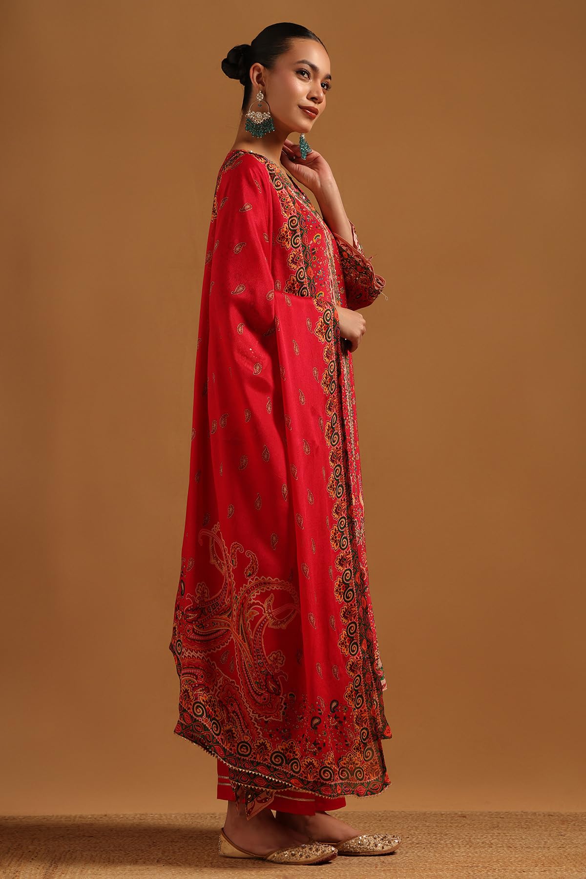 Soch Womens Red Crepe Paisley Print Salwar Suit With Beads And Stones