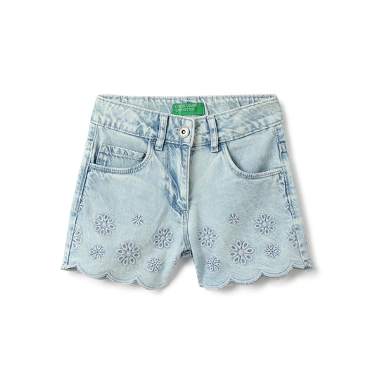 United Colors of Benetton Schiffli Embroidered Regular Fit Denim Shorts (Size: 7-8 Years)-25P4DENC0902I901