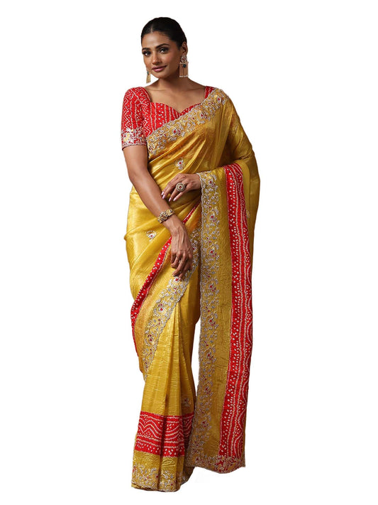 SAREE MALL Women's Yellow Tissue Floral Printed Saree With Unstitched Blouse Piece (ANIKA1601_AG)