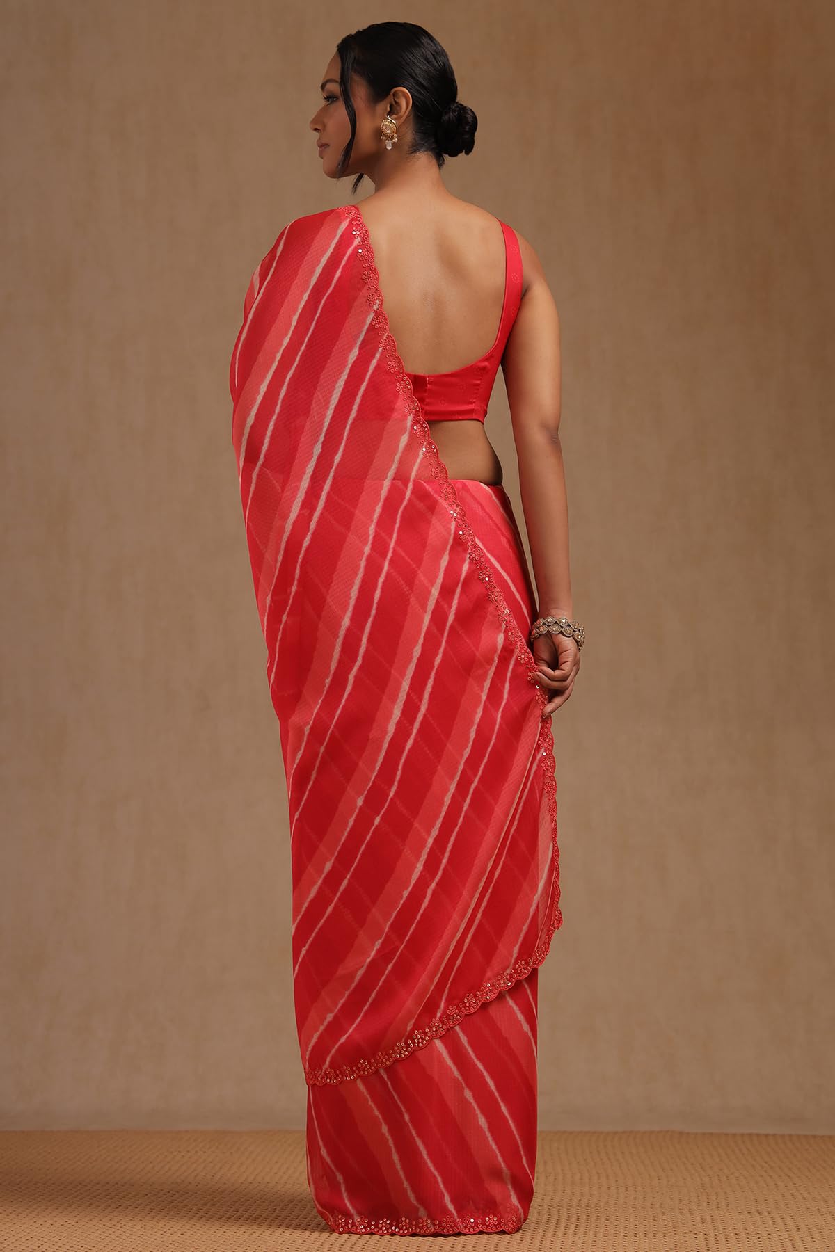 Soch Womens Red Georgette Leheriya Print Saree With Sequins