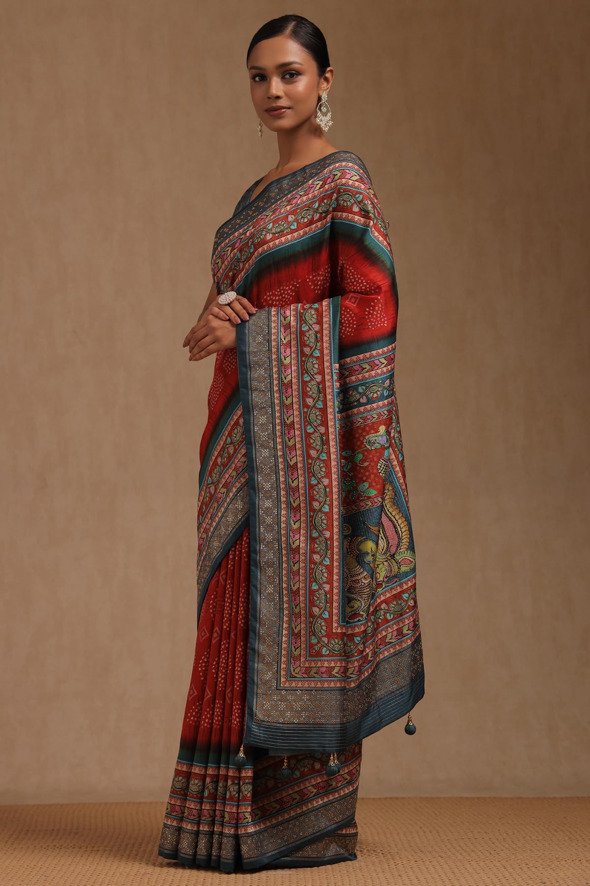 Soch Womens Red Dola Silk Kalamkari Saree With Stud Work