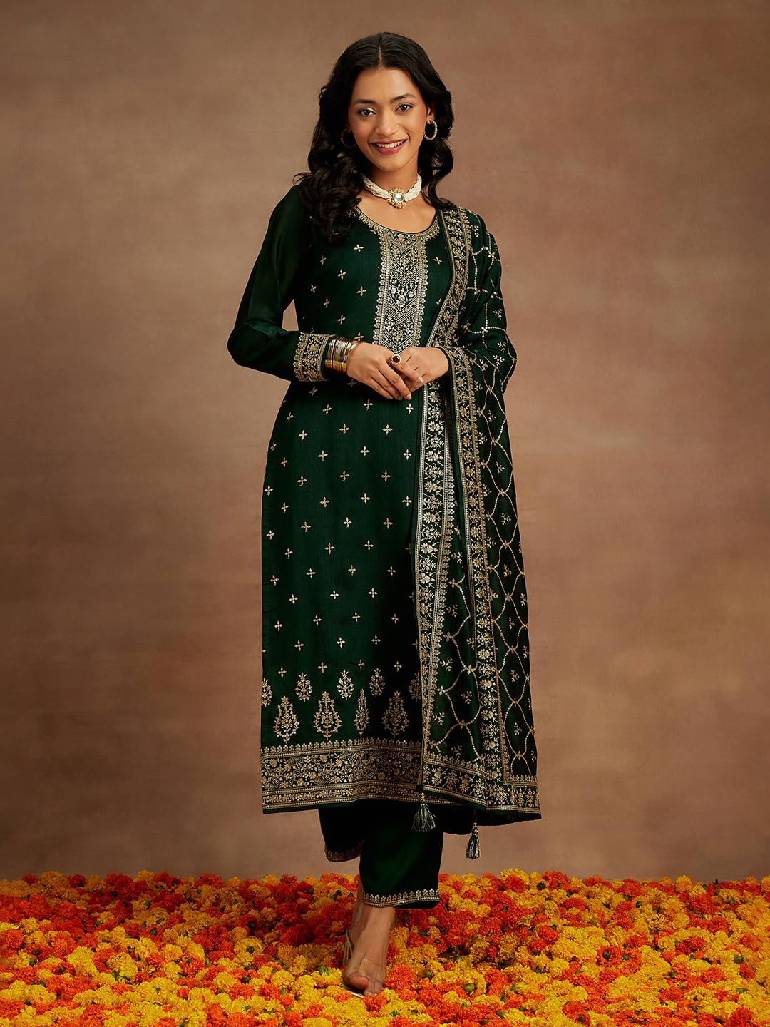 Libas Womens Embroidered Silk Blend Straight Kurta With Trousers and Dupatta
