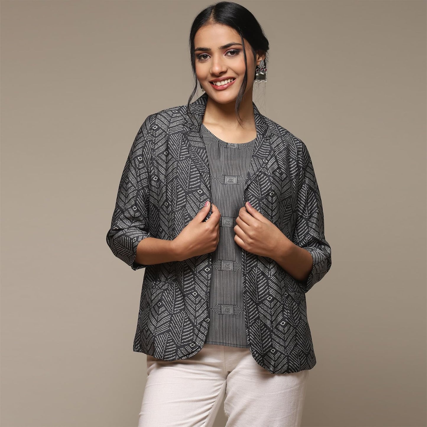 BIBA Women's Poly Viscose PRINTED Long Length MIX AND MATCH Jacket(MONOCHRO18927_MARB.CRB_36), Large, Multicolor