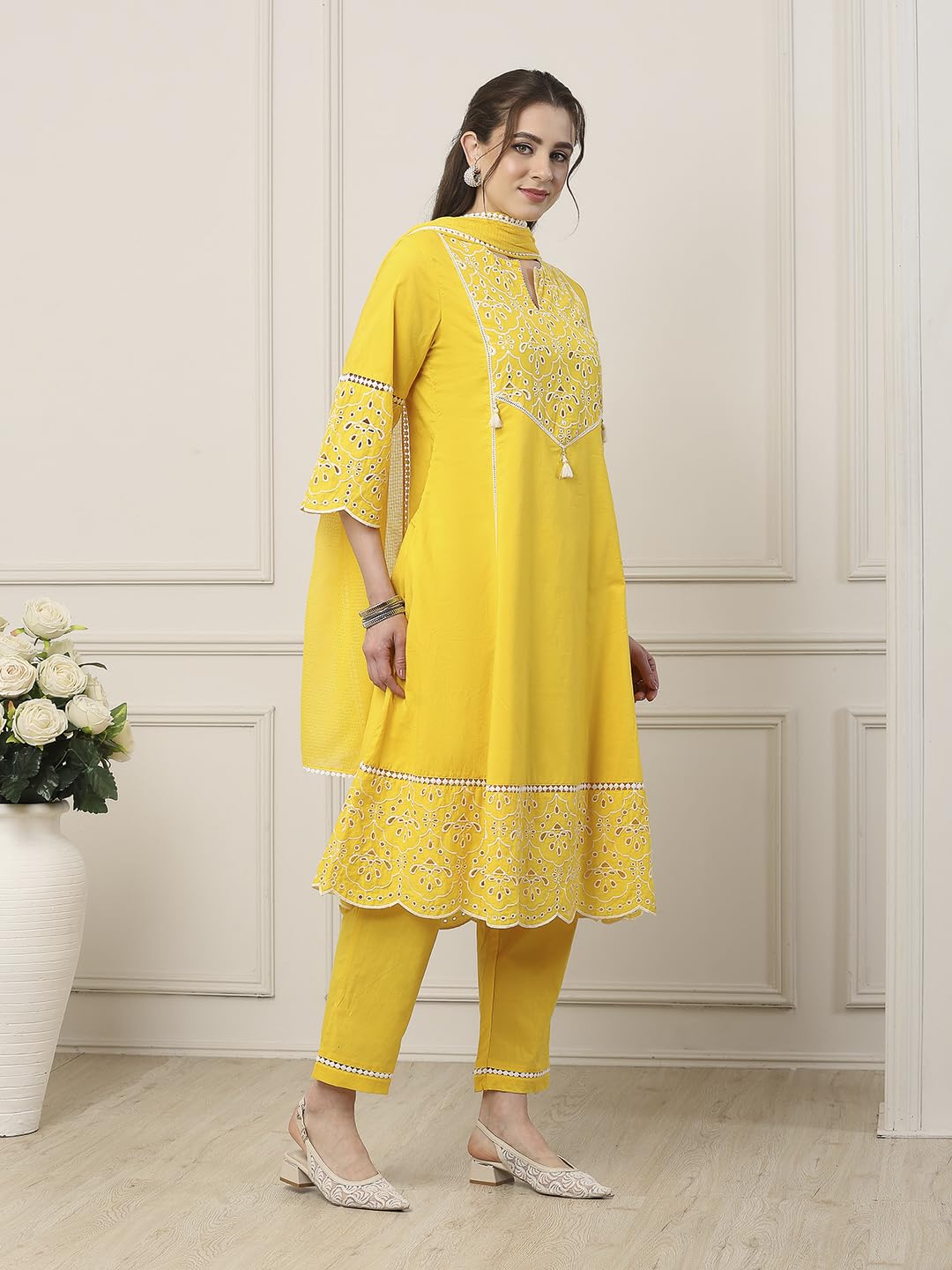 Biba Women Yellow Cotton Kalidar Suit Set_34