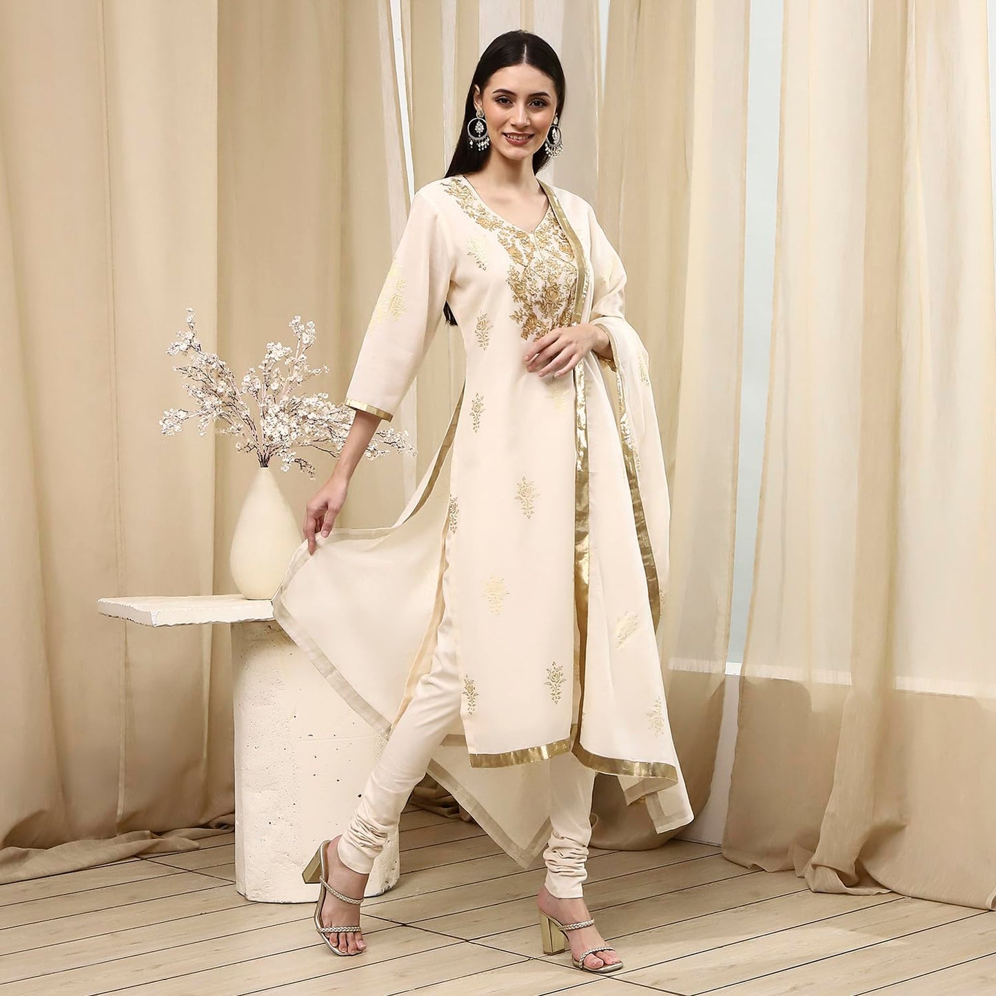 Biba Women's Poly Chanderi Kurta Set (SKDASRT7716ESS25OWHT_Off White