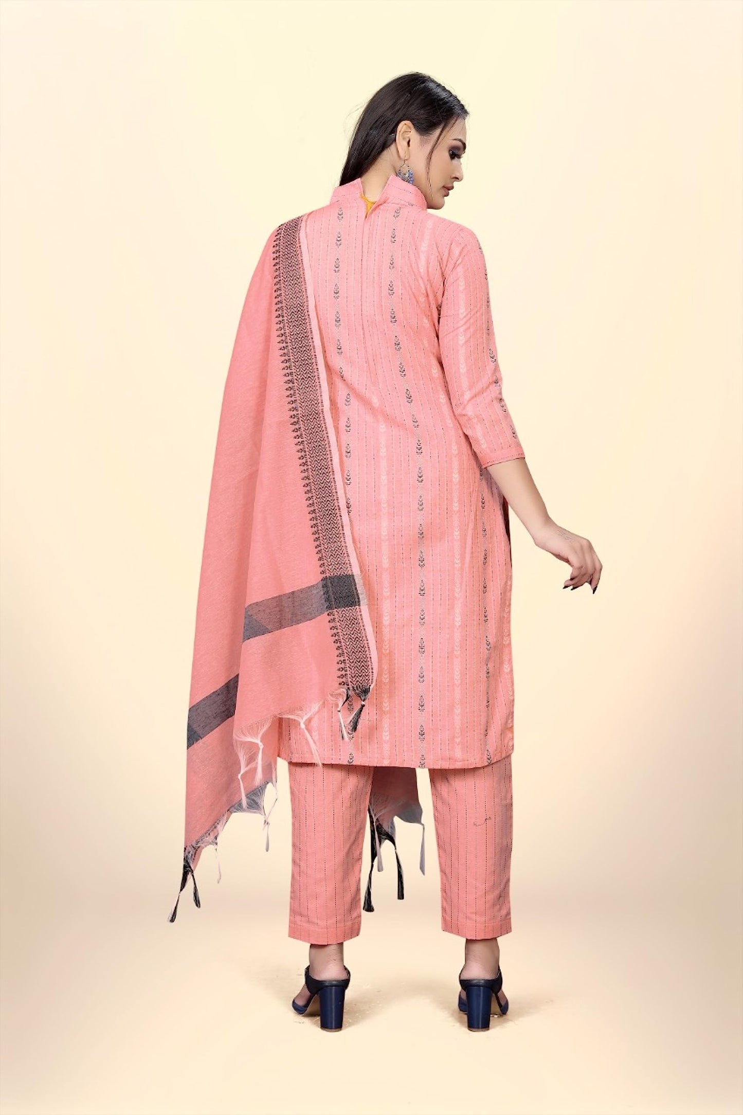 Pandadi Saree Women's Peach Cotton Jacquard Work Unstitched Salwar Suit Dress Material
