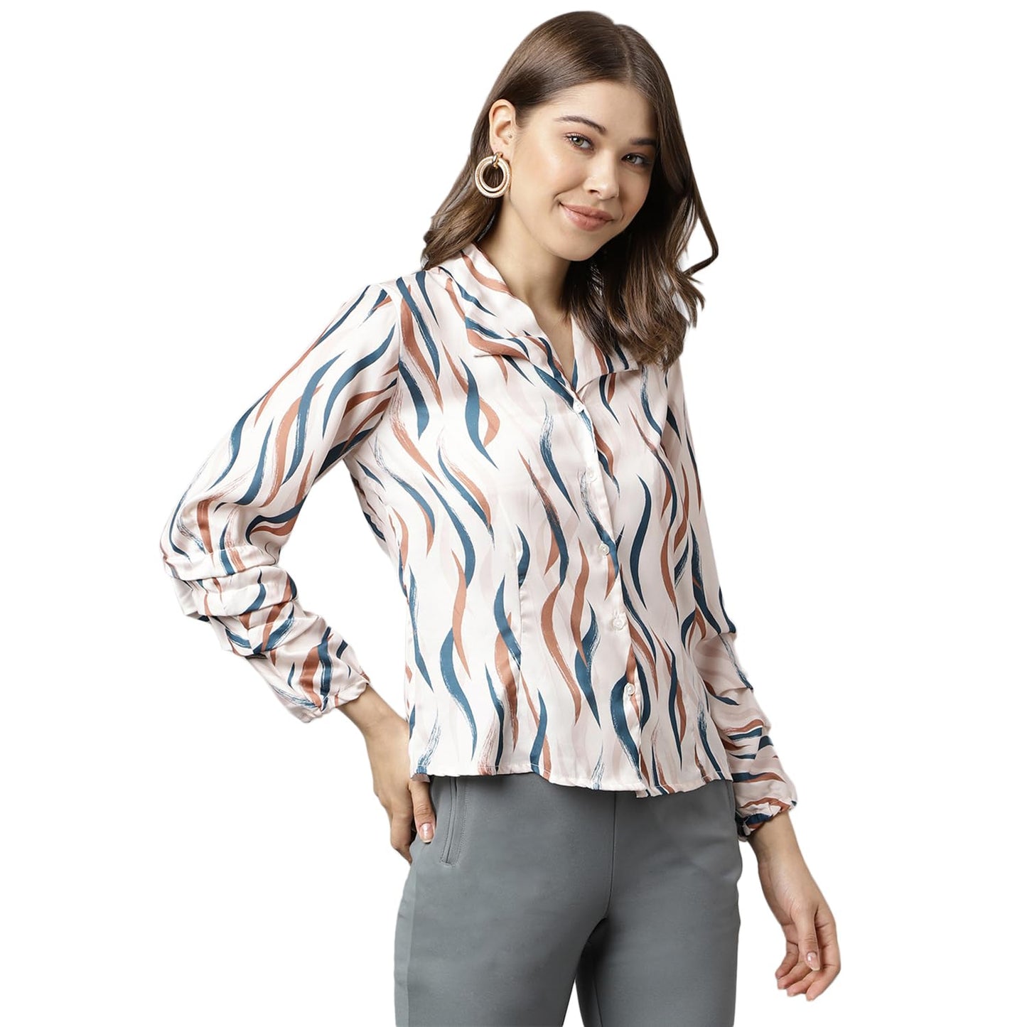 Latin Quarters Women Collar Neck Full Sleeve Printed Top Beige