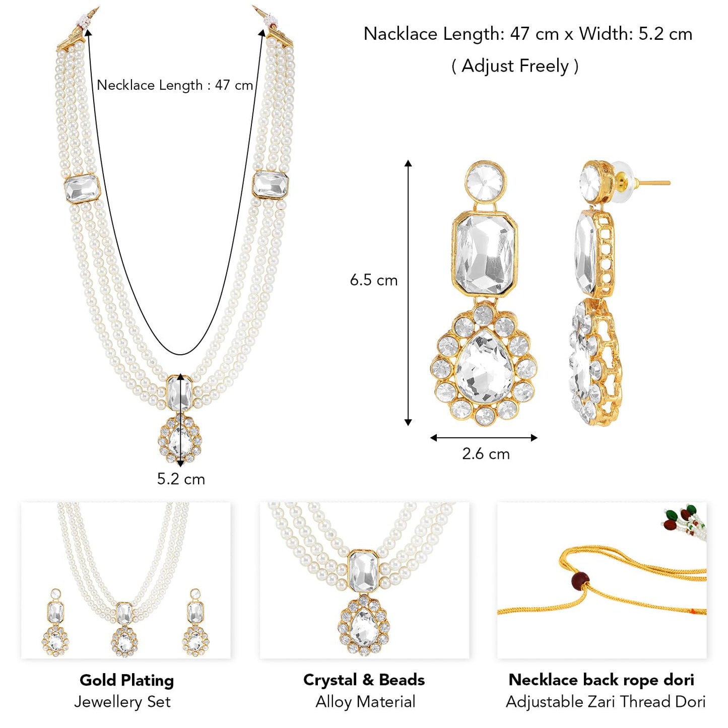 Peora Gold Plated Crystal & Beads Studded White Necklace & Drop Earrings Set Ethnic Jewellery for Women & Girls