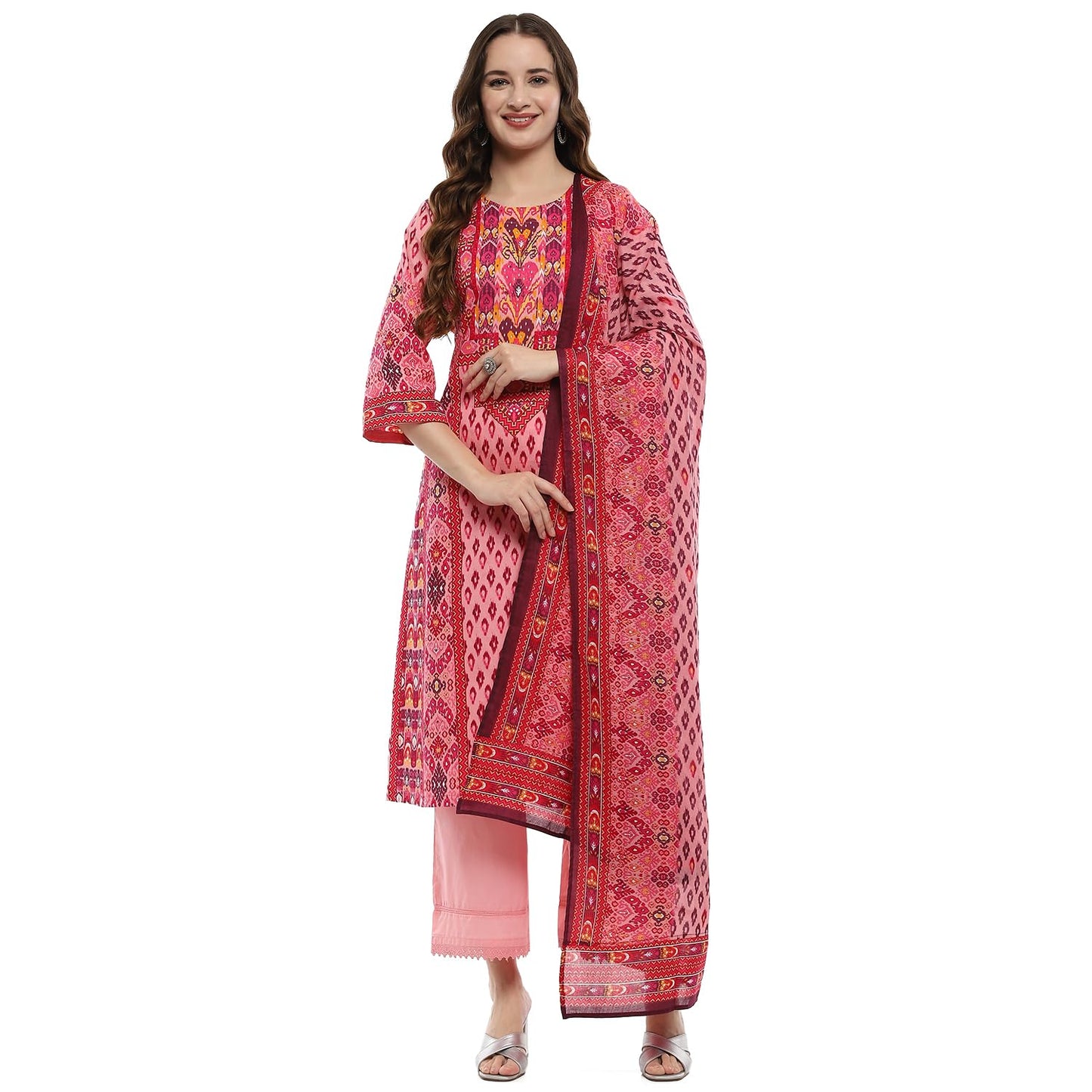 BIBA Women's Pink Cotton Straight Suit Set (SKDUZBEK9875AW24PNK