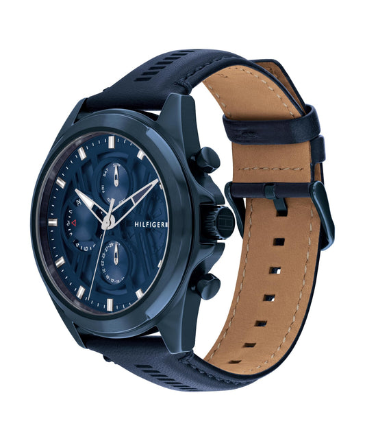 Tommy Hilfiger Men's Blue Plated Multifunction Watch with Leather Strap