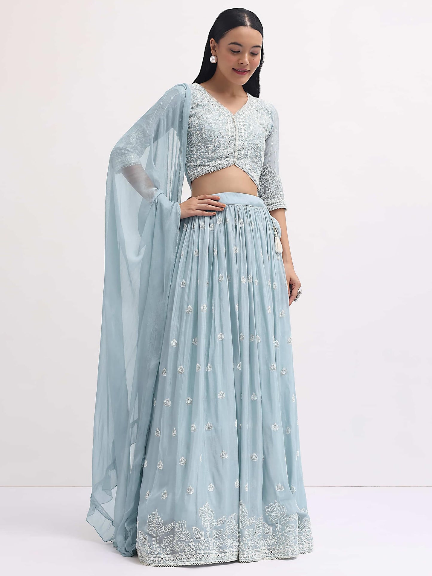 Zeel Clothing Women's Sequins Thread Embroidered Georgette Designer Semi Stitched Lehenga Choli With Dupatta (5127-Skyblue-Womens-Lehenga-Choli-Latest; Free Size) (Pink), Light Blue