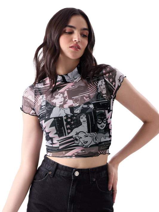 The Souled Store Official DC: Supergirls Women Slim fit Half Sleeve Cotton Multi Color Cropped Tops Crop Top for Girl Women Round Turtle Halter Neck Printed Shoulder Rib Knit Tank Top