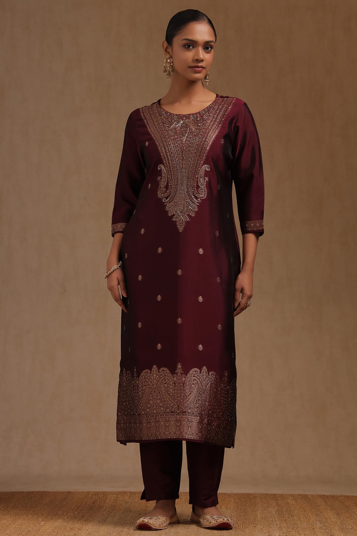 Soch Womens Wine Organza Zari Woven Suit Set With Cutdana
