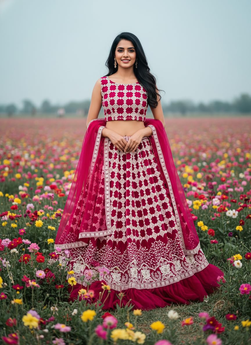VARNI FABRICS Women's Pink Embroidered Lehenga Choli With Dupatta, Embroidery Pattern, Bridal Wear, Semi-Stitched