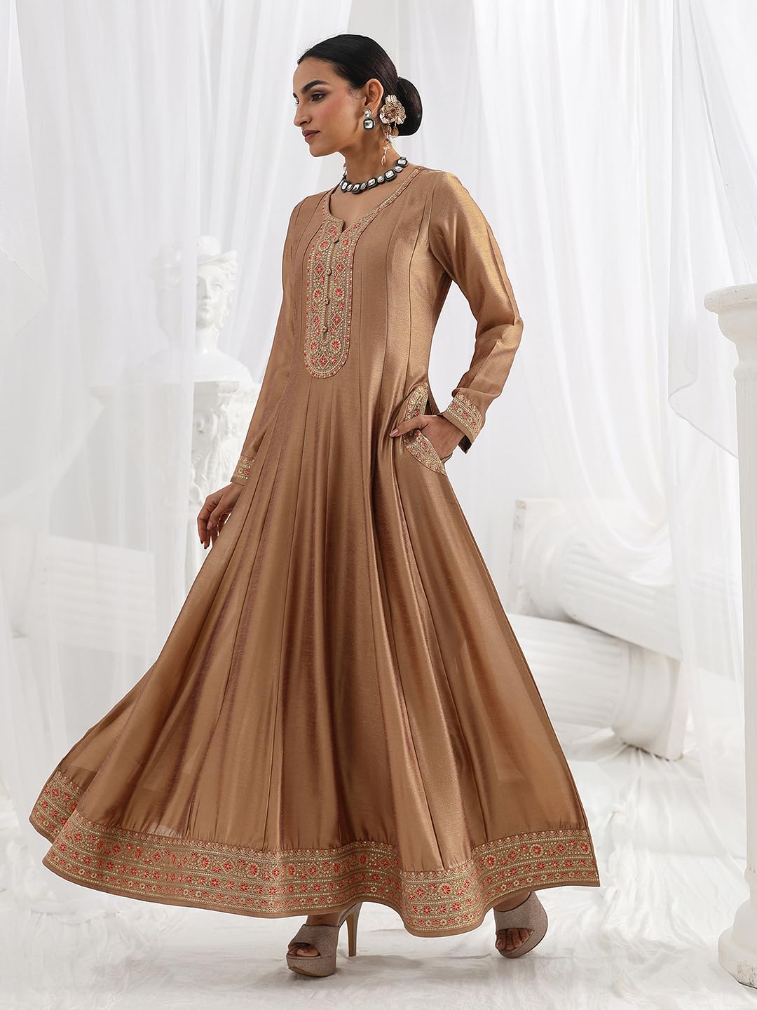 Libas Embroidered Silk Blend A-Line Ethnic Dress with Dupatta-93638L