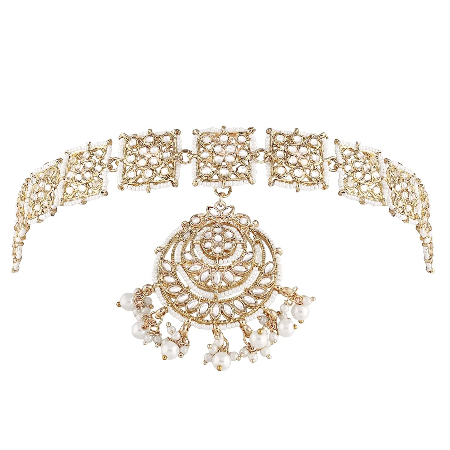 Peora Gold Plated Traditional Kundan Pearl Studded Rajasthani Sheeshpatti Sheeshphool Mathapatti Jewellery for Women
