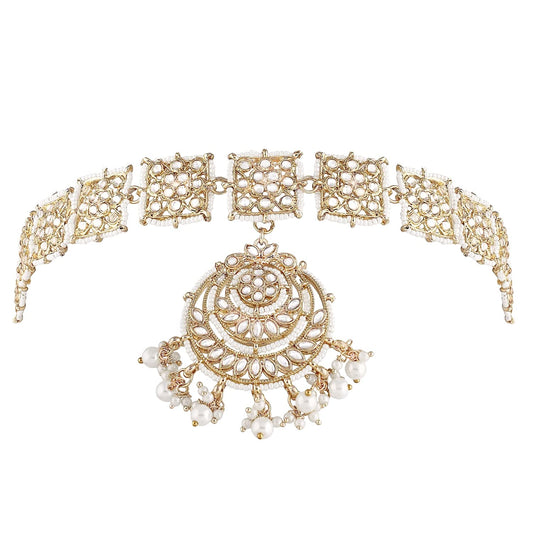 Peora Gold Plated Traditional Kundan Pearl Studded Rajasthani Sheeshpatti Sheeshphool Mathapatti Jewellery for Women