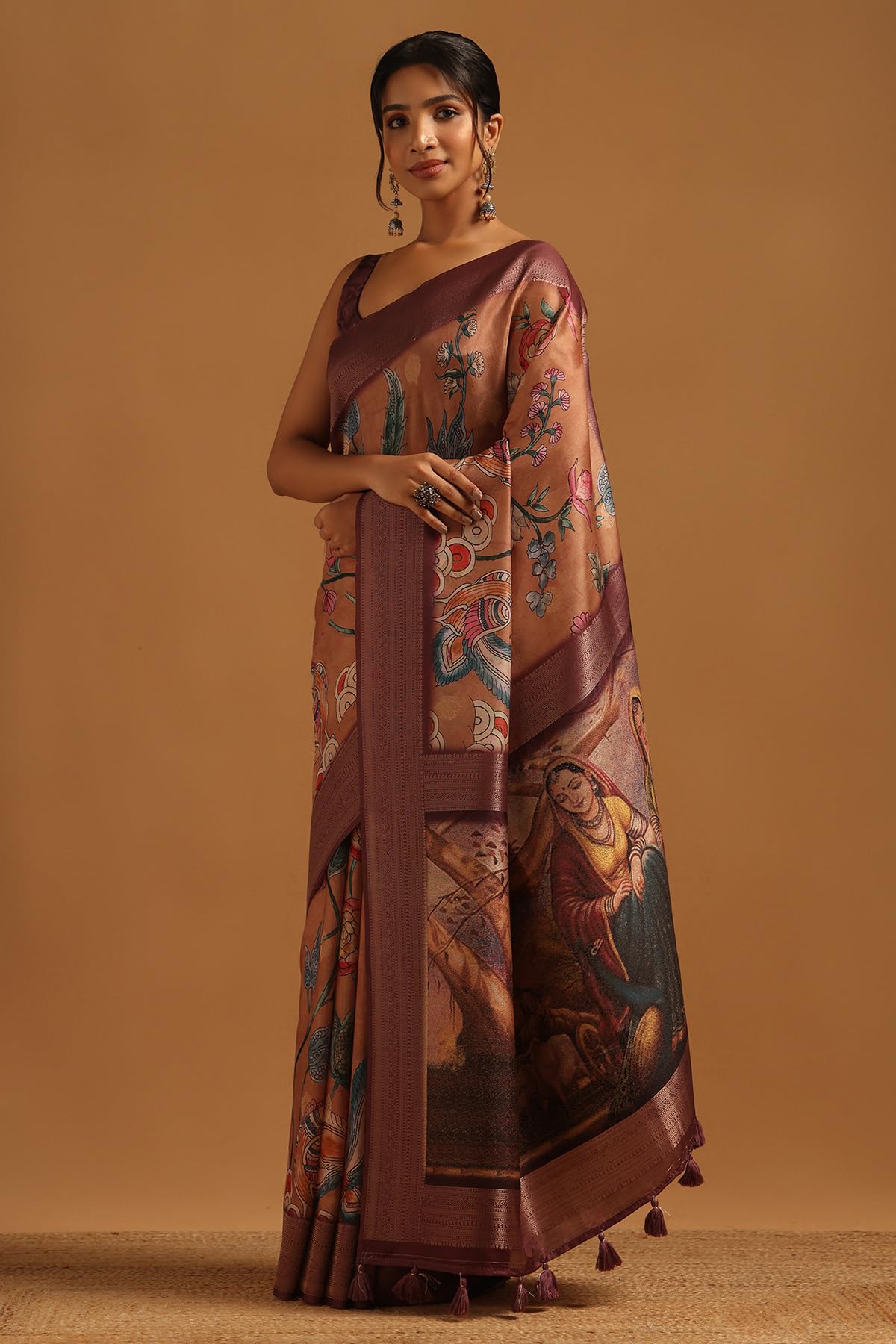 Soch Womens Wine Poly Silk Kalamkari Saree