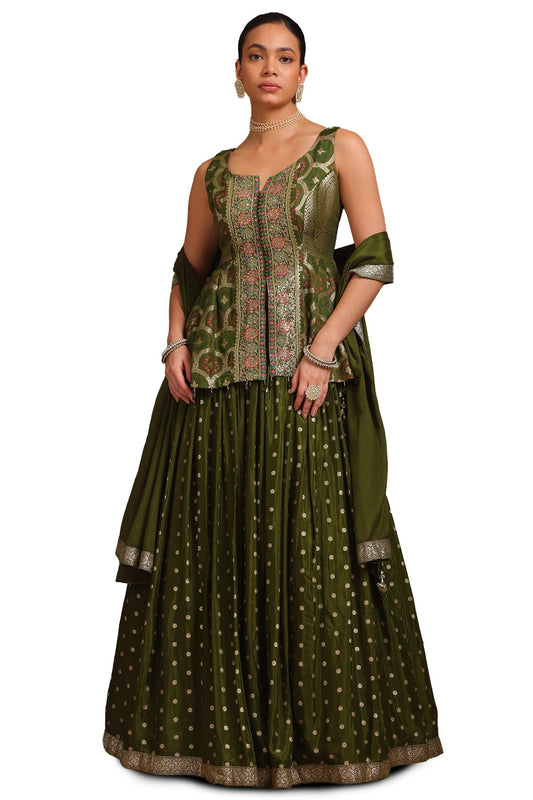 Soch Women's Brocade Lehenga Choli (OWS5CD21745_Dark Green_XL)