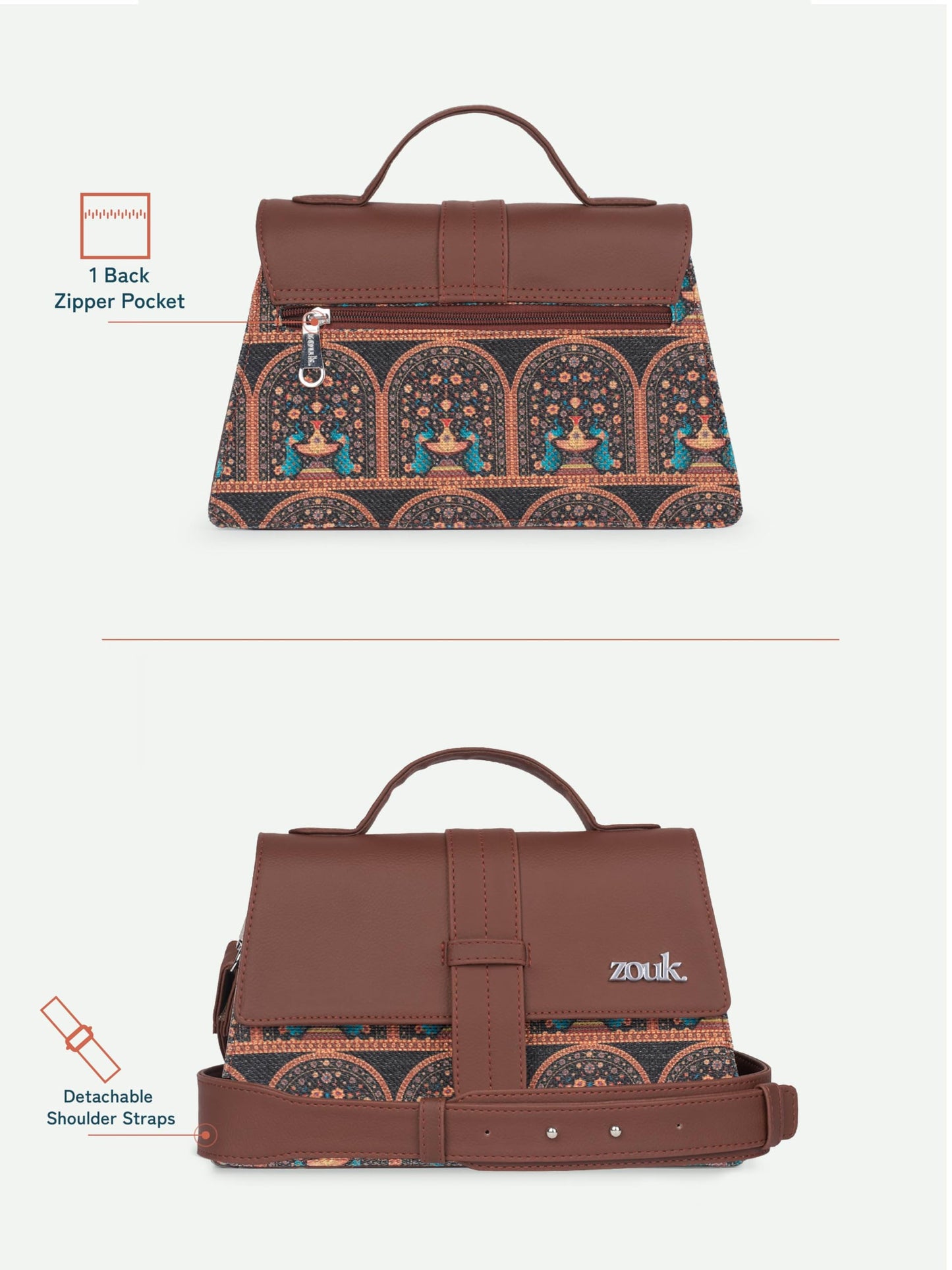 ZOUK Kriti Sanon Collection - Royal Indian Peacock Motif Iconic Evening Satchel | Vegan Leather Handbag for Women | Stylish, Lightweight & Spacious | Motif